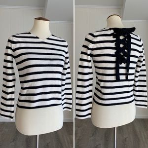 LOFT Chunky Knit Lace-up Stripe Sweater BlackWhite